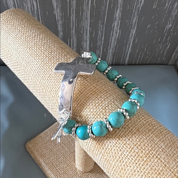 Turquoise Bead Silver Cross Charm Bracelet - Picture 2 of 4